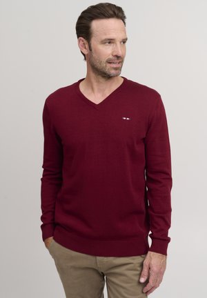 Maglione bordeaux a scollo a V in tessuto a maglia leggero, con maniche lunghe e un piccolo logo sul petto. Texture liscia e design aderente.