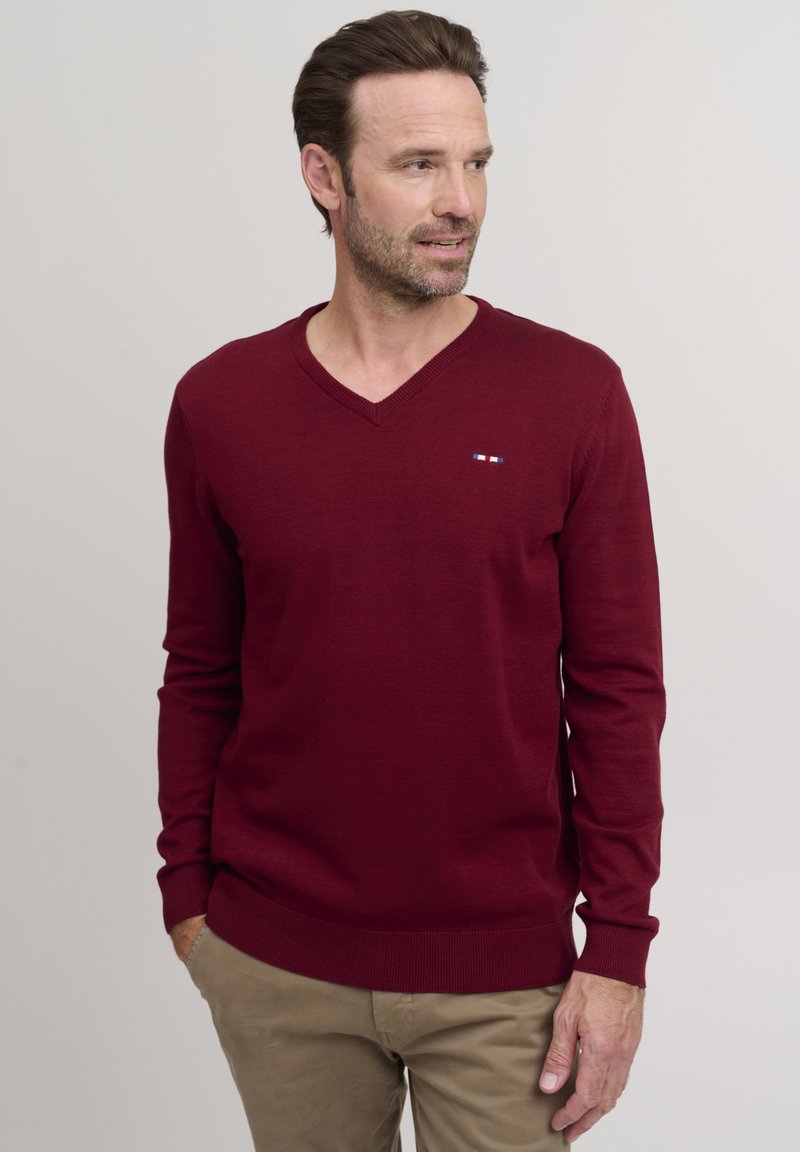 Maglione bordeaux a scollo a V in tessuto a maglia leggero, con maniche lunghe e un piccolo logo sul petto. Texture liscia e design aderente.