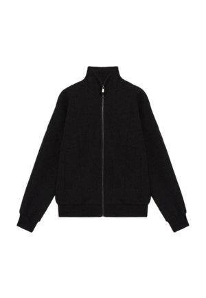 Black zip-up jacket featuring a high collar, long sleeves, two front pockets, and a relaxed fit with ribbed cuffs and hem.