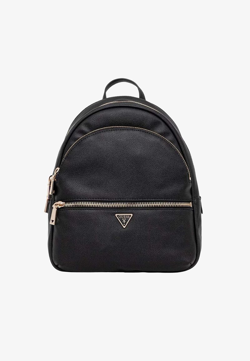 Sac à dos en cuir noir texturé avec poche zippée à l'avant et fermetures éclair dorées, avec un petit logo Guess en métal sur le devant.
