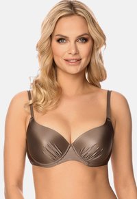 Reggiseno in satin brown con ferretto, coppe sagomate e dettagli arricciati al centro, dotato di spalline regolabili per una vestibilità personalizzata.
