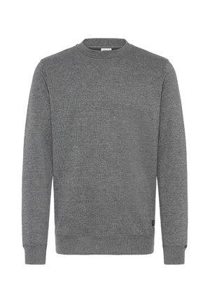 Sweatshirt gris à col rond fait de tissu texturé. Il présente des manches longues et des poignets côtelés avec une petite étiquette de marque près de l'ourlet.
