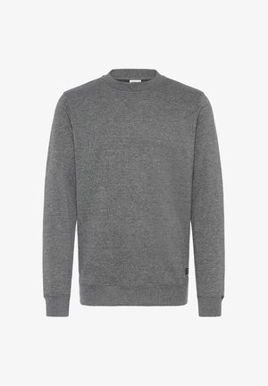 Sweatshirt gris à col rond fait de tissu texturé. Il présente des manches longues et des poignets côtelés avec une petite étiquette de marque près de l'ourlet.