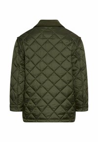 Gequiltte olijfgroene jas met diamantstiksels, lange mouwen, met knopen verstelbare manchetten en een corduroy kraag, weergegeven vanaf de achterkant.