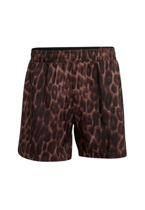 Brown leopard-print shorts made of lightweight material. Features an elastic waistband and a loose fit for comfort.
