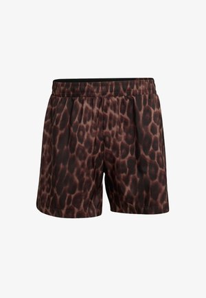 Ruskeat leopardikuvioiset shortsit, jotka on valmistettu kevyestä materiaalista. Niissä on joustava vyötärönauha ja väljä istuvuus mukavuutta varten.
