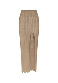 Sukienka maxi z dzianiny w jasnym beżu, z wysokim stanem, otwartym rozcięciem i teksturowanym wzorem, zapewniająca przewiewny styl.
