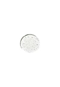 Disco gel trasparente e rotondo, con una superficie liscia, caratterizzato da piccole bolle, posto su uno sfondo bianco semplice.