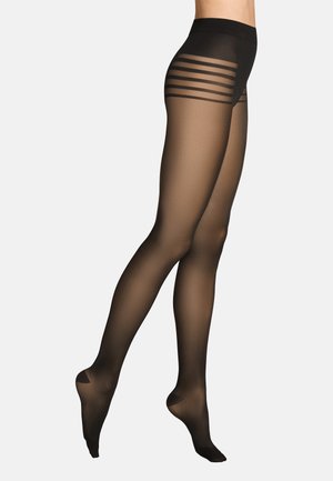 Collant neri trasparenti con un design a righe sulla parte superiore. Il tessuto è liscio e leggero, con una texture morbida e una costruzione senza cuciture.