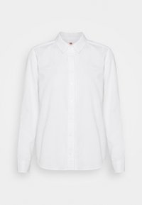 Vit skjorta med knäppning framtill, tillverkad av bomull. Har klassisk krage, långa ärmar och knäppning framtill. Ingen synlig mönster eller detaljer.