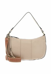 Sac à main en cuir beige avec garniture noire, présentant une couture verticale. Comprend une sangle à motifs multicolores et un dessus zippé.