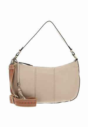 Sac à main en cuir beige avec garniture noire, présentant une couture verticale. Comprend une sangle à motifs multicolores et un dessus zippé.