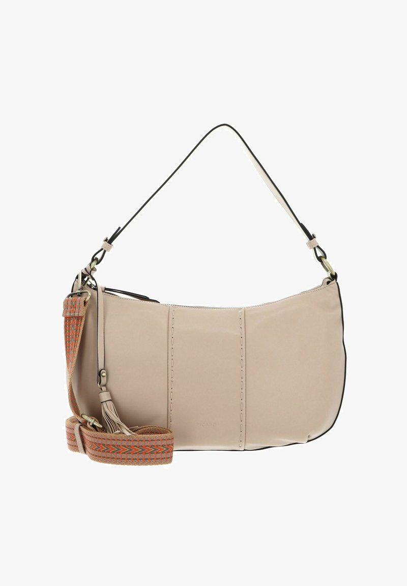 Sac à main en cuir beige avec garniture noire, présentant une couture verticale. Comprend une sangle à motifs multicolores et un dessus zippé.