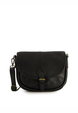 Black leather crossbody bag with a woven texture on the flap, a buckle closure, and an adjustable strap. Compact and structured design.