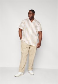 Camicia a maniche corte con bottoni, a righe verticali beige chiaro e bianche. Abbinata a pantaloni beige e sneakers bianche. Tessuto liscio e informale.