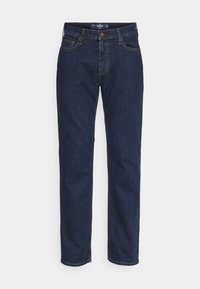 Mörkblå denimjeans med rak skärning, med en knappstängning, fem fickor och kontrasterande sömmar.