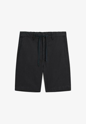 Schwarze Baumwollshorts mit elastischem Bund, verstellbarem Kordelzug und zwei seitlichen Taschen. Glatte Textur und schlankes Design.