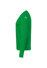 Groen overhemd met lange mouwen van gladde stof, voorzien van een blauw ruitpatroon aan de voorkant en textuuraccenten langs de mouw.