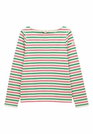 Gestreiftes Langarmshirt mit abwechselnden rosa, grünen und weißen horizontalen Streifen. Weiches Baumwollmaterial mit weiter Ausschnitt und Logodetail.