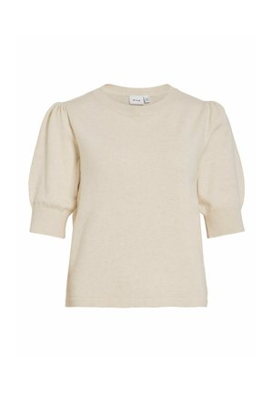 Kremfarget kortermet strikket topp med puffede ermer og ribbestrikkede mansjetter, rund hals og komfortabel passform.