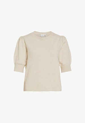 Kreemjas lühikeste varrukatega kootud topp mahukate varrukate ja soonikkoes varrukakättetega, ümar neckline ning lõdva lõikega.