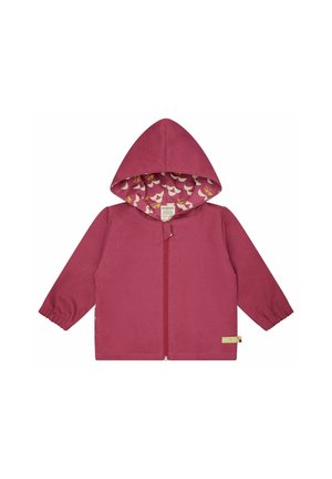 Kinder roze hoodie met lange mouwen en rits, elastische manchetten en een gevoerde capuchon met een patroon van roze en witte abstracte vormen.