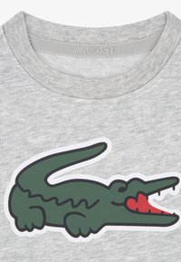 Φωτεινό γκρι βαμβακερό μπλουζάκι με μεγάλο πράσινο αλιγάτορα και κόκκινες λεπτομέρειες. Στρογγυλή λαιμόκοψη και απαλή υφή.