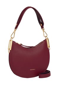 Borsa in pelle bordeaux con forma arrotondata, accessori in metallo dorato e una tracolla rimovibile, dotata di chiusura con zip e finitura testurizzata.