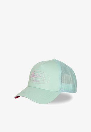 Light blue trucker cap with mesh back and "Von Dutch California" logo on front panel in raised white lettering.