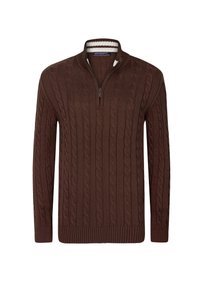 Suéter de punto marrón con cuello de media cremallera, que presenta un patrón texturizado y puños y dobladillo acanalados. Material de punto suave.