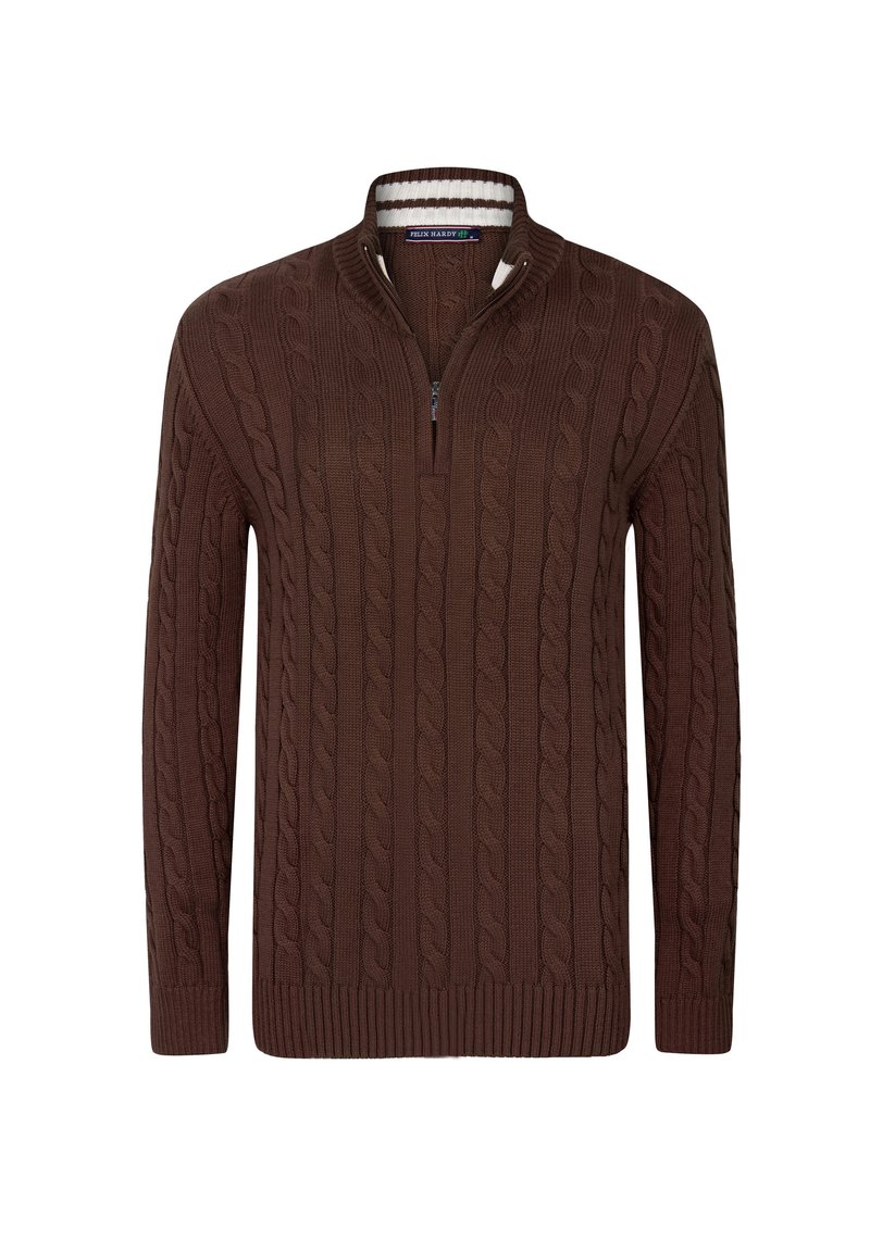 Suéter de punto marrón con cuello de media cremallera, que presenta un patrón texturizado y puños y dobladillo acanalados. Material de punto suave.