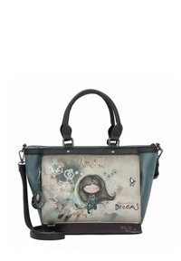 Borsa a mano in ecopelle color teal e nera, con grafica di cartone su sfondo chiaro, dettagli in argento e tracolla rimovibile con charm.