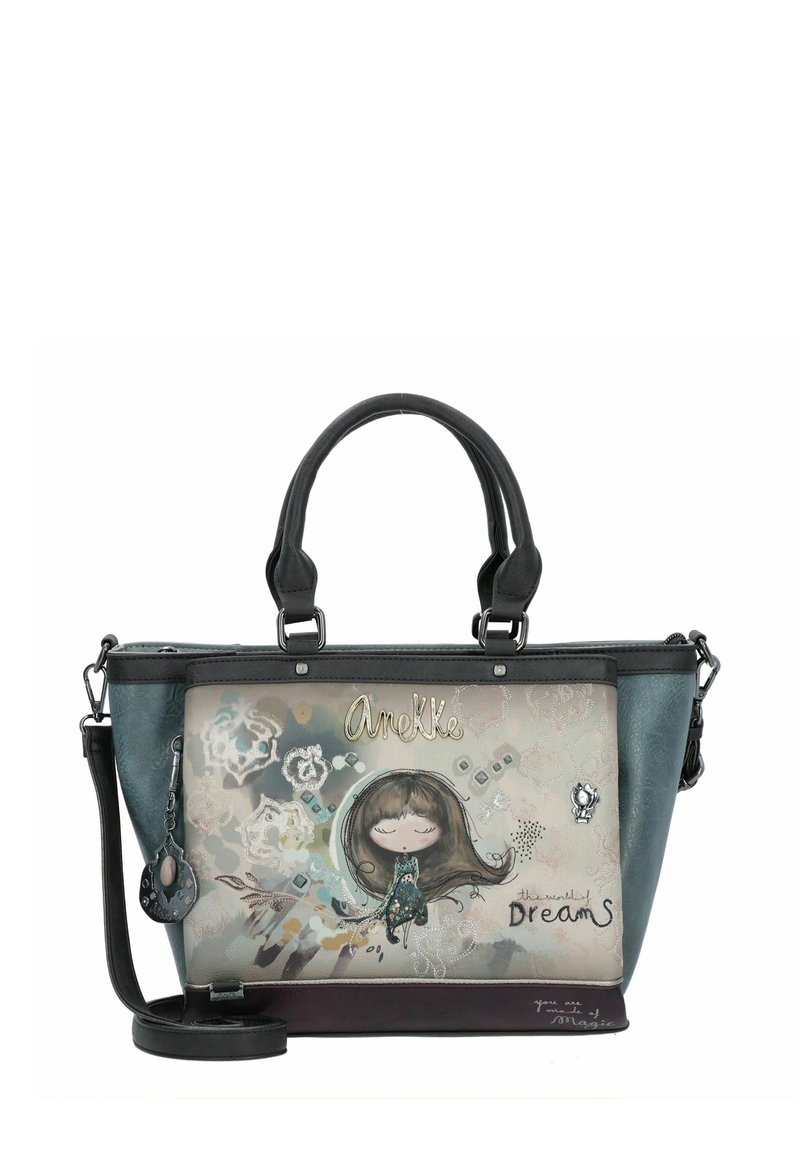 Borsa a mano in ecopelle color teal e nera, con grafica di cartone su sfondo chiaro, dettagli in argento e tracolla rimovibile con charm.