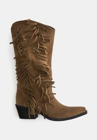 Stivale western in suede marrone con punta affusolata, dettagli in frange lungo il lato e tacco basso a blocco.