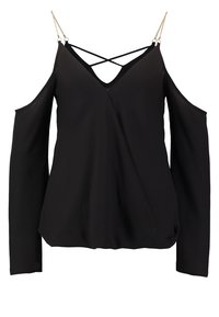 Svart topp med cold shoulder-design, långa ärmar och korsade band. Slät tyg med V-ringning och avslappnad passform.
