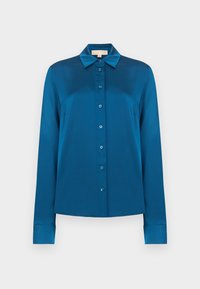 Μπλούζα μακρυμάνικη, μπλε, μεταξωτή με γιακά και κουμπιά μπροστά, απεικονισμένη σε απλό λευκό φόντο.