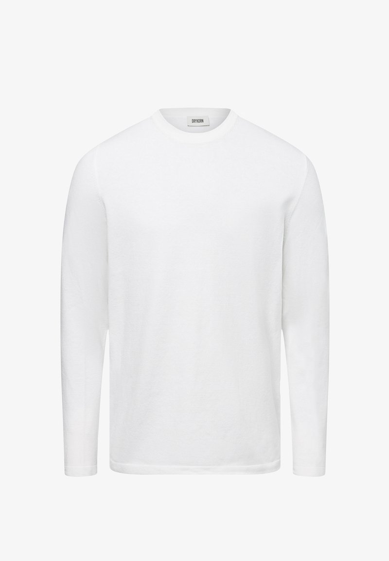 Witte lange mouwen crewneck trui met een label in de kraag dat "DRYKORN" zegt, weergegeven tegen een effen achtergrond.
