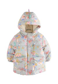 Children's puffer jacket in light gray, featuring colorful dinosaur and floral prints, a fleece-lined hood, and snap button closures.
