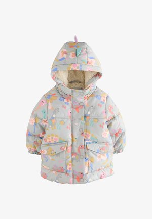 Giacca a vento per bambini di colore grigio chiaro, con stampe di dinosauri e fiori colorati, cappuccio foderato in pile e chiusure a bottone a pressione.