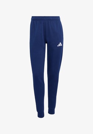 Navy sweatpants with an elastic waistband, tapered legs, and white adidas logo on the left thigh. Made of smooth, soft fabric.