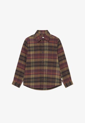 Long-sleeve plaid shirt in brown, green, and orange tones. Features a pointed collar, front button closure, and a curved hemline.