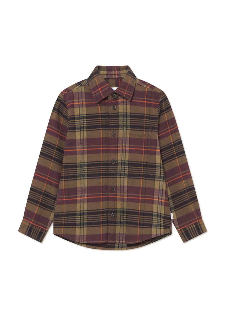 Camicia a maniche lunghe a quadri nei toni di marrone, verde e arancione. Presenta un colletto a punta, chiusura frontale con bottoni e un orlo curvo.