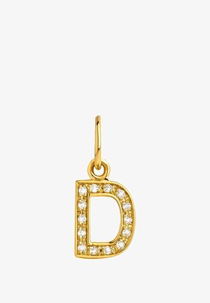 Colgante de letra "D" en oro con gemas transparentes que acentúan los bordes; cuenta con un lazo para su sujeción. Superficie lisa y brillante.