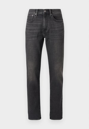 Black denim jeans with a straight leg design, featuring front pockets, a button closure, and subtle fading on the fabric.
