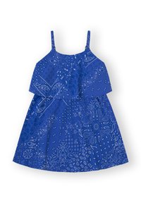 Vestido azul sin mangas con un diseño en capas que presenta intrincados patrones de paisley blancos y acentos texturizados en toda la tela.