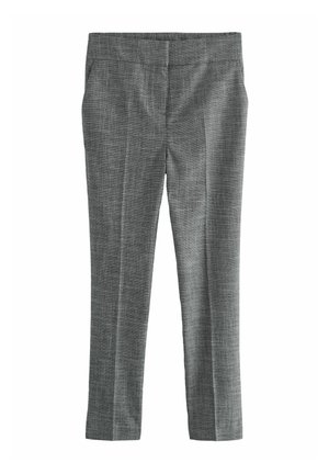 Pantalons gris ajustés en tissu texturé, avec des jambes droites et une taille lisse sans fermetures ni poches visibles.
