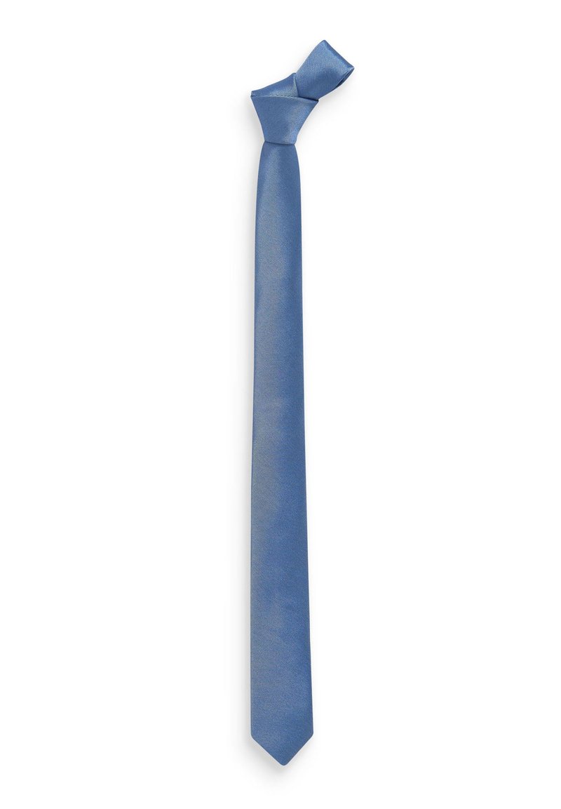 Cravate bleue en tissu lisse, dotée d'une couleur unie avec un léger éclat. Elle a une largeur standard et une pointe effilée.
