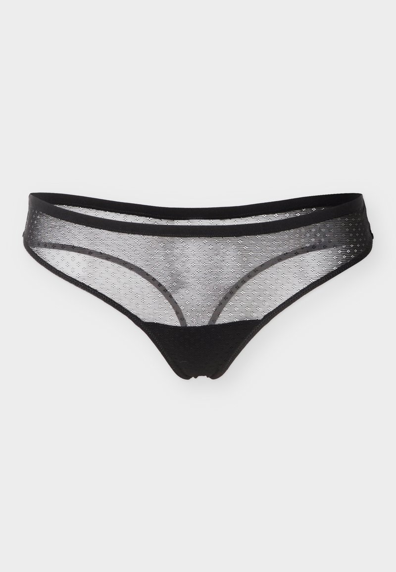 Μαύρο εσώρουχο σε στιλ μπικίνι από δίχτυ, με στενή μαύρη ζώνη μέσης και εμπρόσθιο πάνελ, που διαθέτει διακριτικό διαμαντέ μοτίβο στο ύφασμα από δίχτυ.