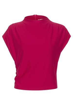 Red short-sleeve blouse with a high round neckline and a back zipper closure, shown against a white background.
