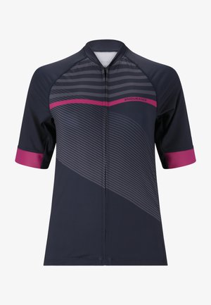 Merin pyöräilypaita, jossa on lyhyet hihat, koko etuvetoketju ja vaaleanpunaisia yksityiskohtia, sekä viisto raidoituskuvio lisäämään yksityiskohtia ja rakennetta.